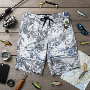 NWT Huk Fishing Mens 36 Board Shorts Swim Gray Mossy Oak Elements Hydro Camo